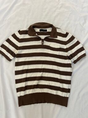 PacSun Brown & White Striped Zip-Knit Polo